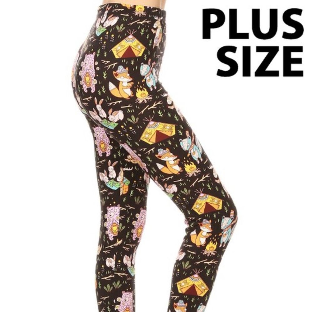 Camping Scene YOGA Leggings Animals Trees High Waisted Leggings PLUS SIZE - NWT